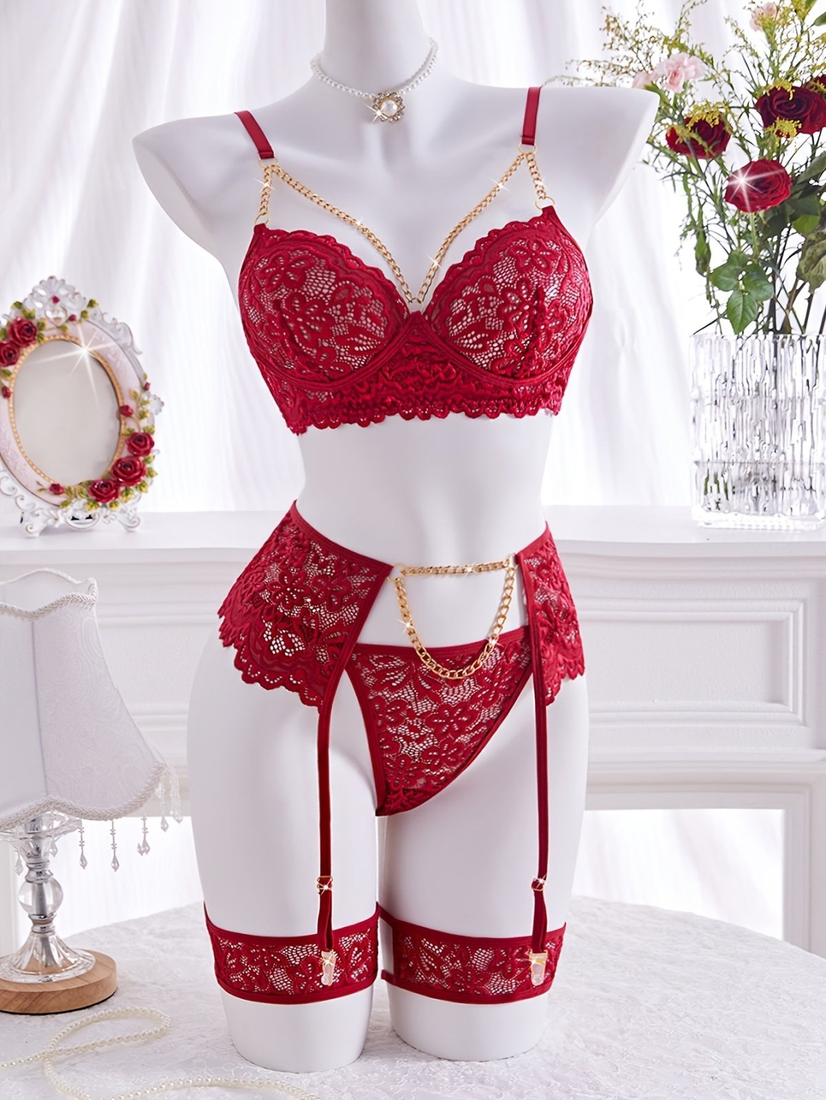 5pcs Solid Color Flower Lace Sexy Lingerie Set - Loveblanket