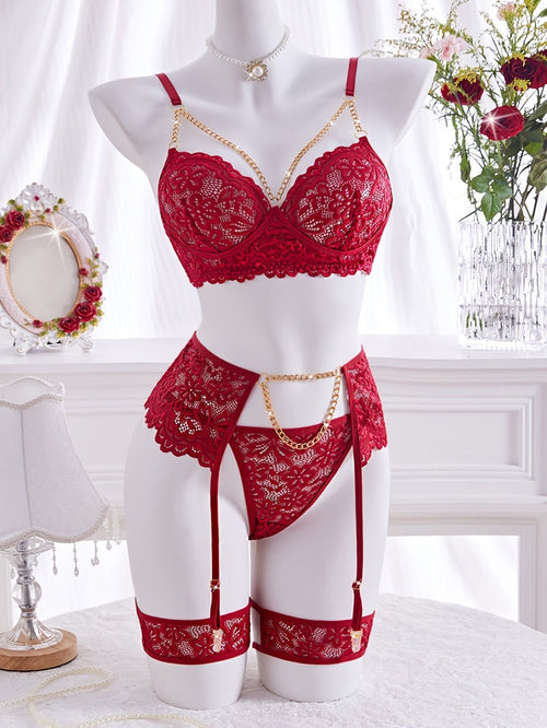 5pcs Solid Color Flower Lace Sexy Lingerie Set - Loveblanket