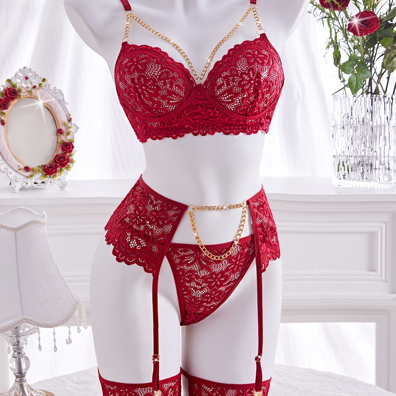 5pcs Solid Color Flower Lace Sexy Lingerie Set - Loveblanket