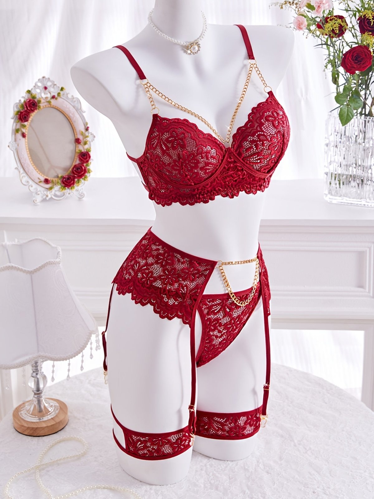 5pcs Solid Color Flower Lace Sexy Lingerie Set - Loveblanket